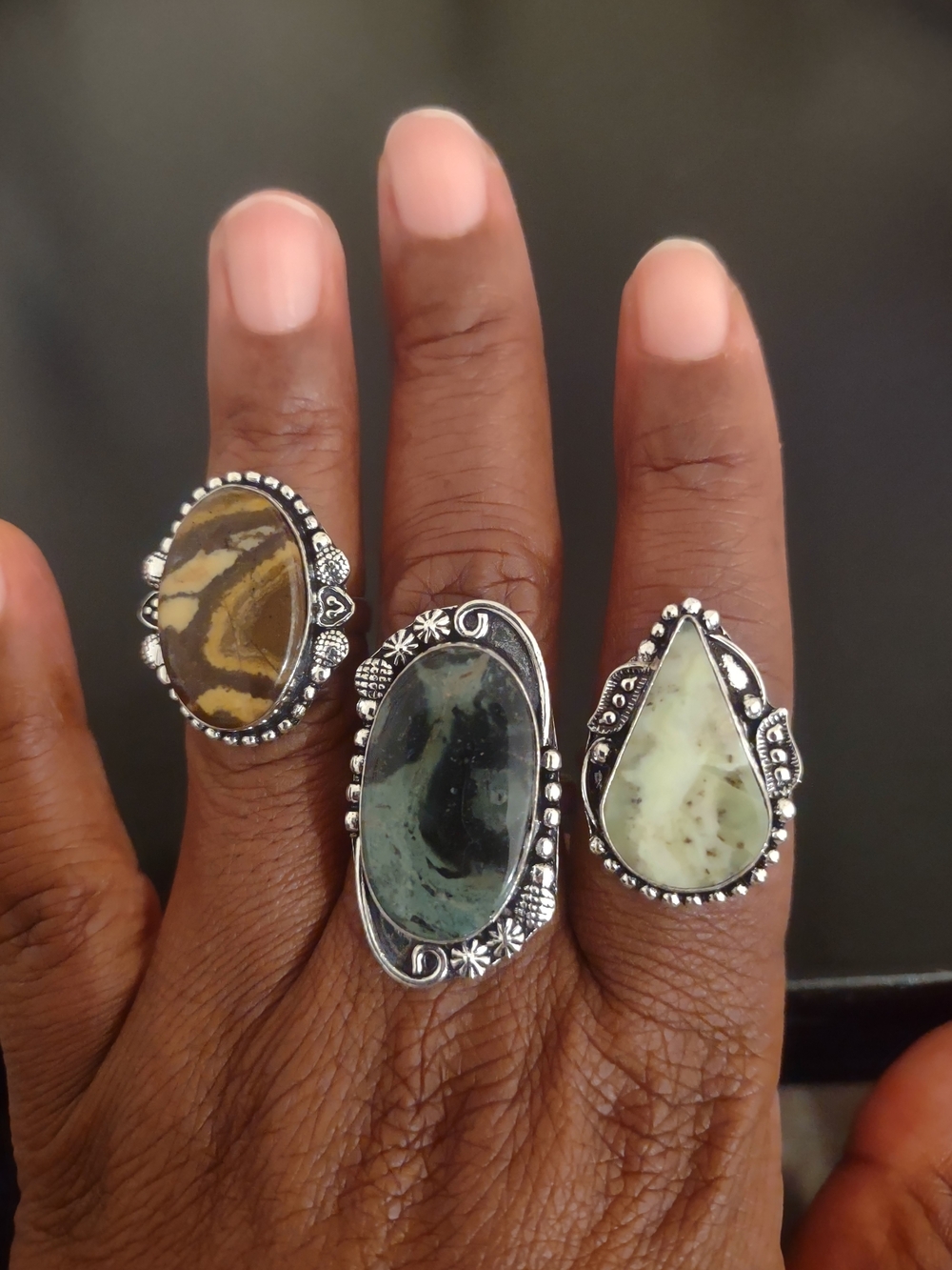 Sterling Silver Teardrop and Oval Gemstone Rings - Green and Brown
